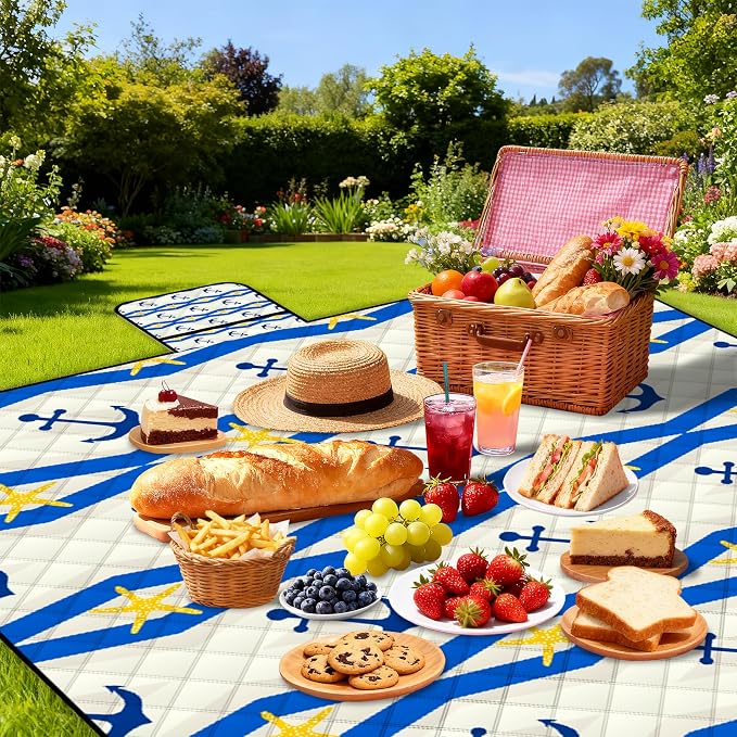 Poedist Extra Large Picnic Blanket Waterproof,80"x 80"Foldable Machine Washable Beach Blanket,Outdoor Blanket for 6-8 Adults,Suitable for Indoor Crawling,Park Beach,Camping,Hiking,Family Travel(Boat)