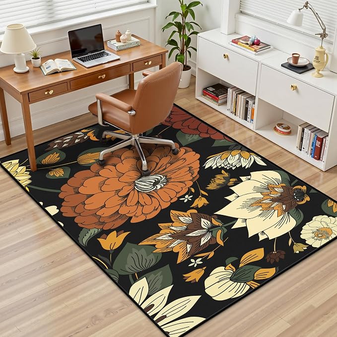 Tyrot Black Boho Floral 3x5 Washable Area Rug Flat Woven Ultra-Thin Low Pile Botanical Rugs Non Slip Indoor Rug for Bedroom, Entryway, Kitchen, Dorm, Kids Room, Nursery