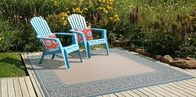 Gertmenian Indoor/Outdoor Flatweave Area Rug - 9x13 Extra Large, Stain & UV Resistant, Ideal For Deck, Patio, Poolside, Mudroom - Abstract Border, Aqua Blue Cyan, 22964