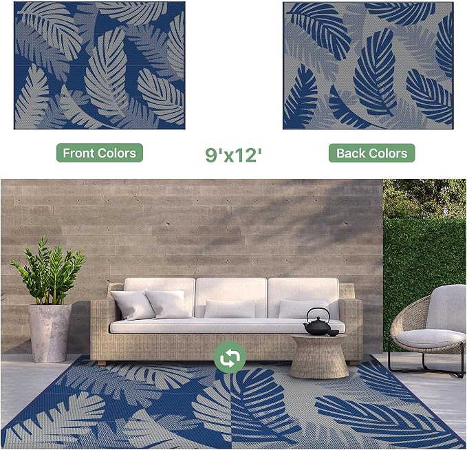 GENIMO Waterproof Outdoor Rug 9' x 12' for Patio Decor, Reversible Plastic Straw Area Rugs for Camping Clearance, RV Mat, Large Outside Carpet for Porch, Deck, Picni, Balcony, Garden, Blue & Grey