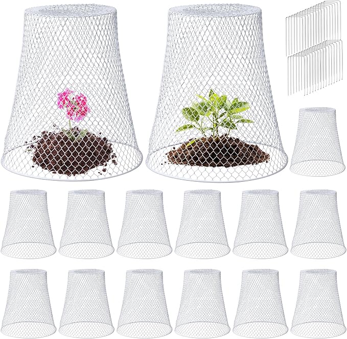 Therwen 15 Pcs Large Plant Wire Cloche 11 x 12 Inch Metal Garden Cloche with Garden Stakes Plant Protector from Animals for Keeping Bunnies Chicken Squirrels Birds (White)
