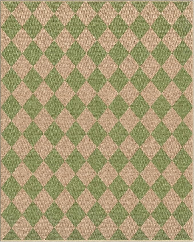 Lahome Checkered Dining Living Room Rug, 8x10 Washable Indoor Outdoor Easy Jute Rug, Farmhouse Neutral Diamond Non Slip Non Shedding Floor Carpet for Sunroom Deck Classroom Office