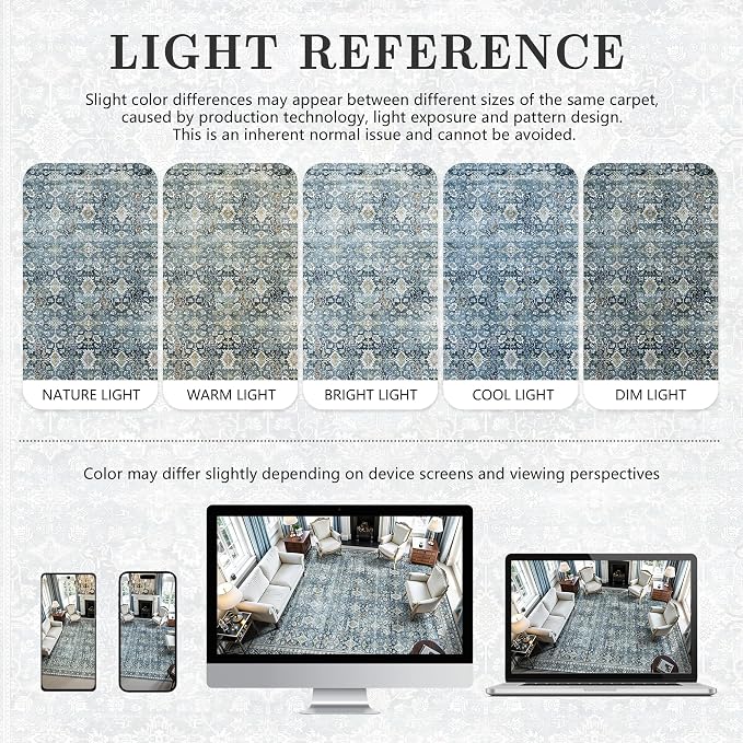 8x10 Area Rugs for Living Room - Washable Vintage Retro Large Rug, Soft Ultra Thin Non Slip Low Pile Traditional Distressed Boho Carpet for Bedroom Dining Room Home Office, Blue