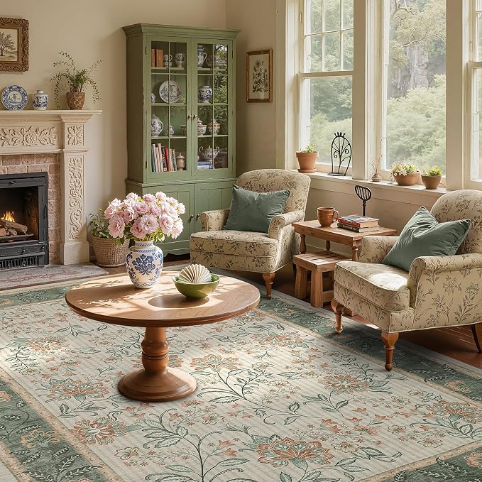 GarveeHome 5x7 Area Rug Sage Green Washable Rugs for Living Room Bedroom | Non Slip Soft Low Pile French Country Floor Mat Botanical Floral Print Throw Rug Indoor Carpet Dining Room Playroom
