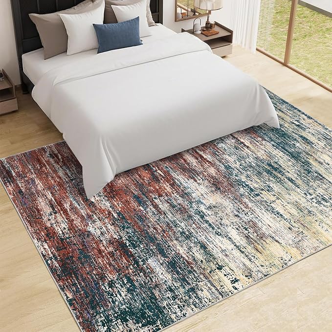 ROYHOME Washable Rug 5x7 Abstract Area Rug for Living Room, Red Multi | Non Slip Foldable Soft Rugs for Bedroom, Stain Resistant Rugs Modern Fuzzy Rug, Indoor Floor Carpet for Entryway Home
