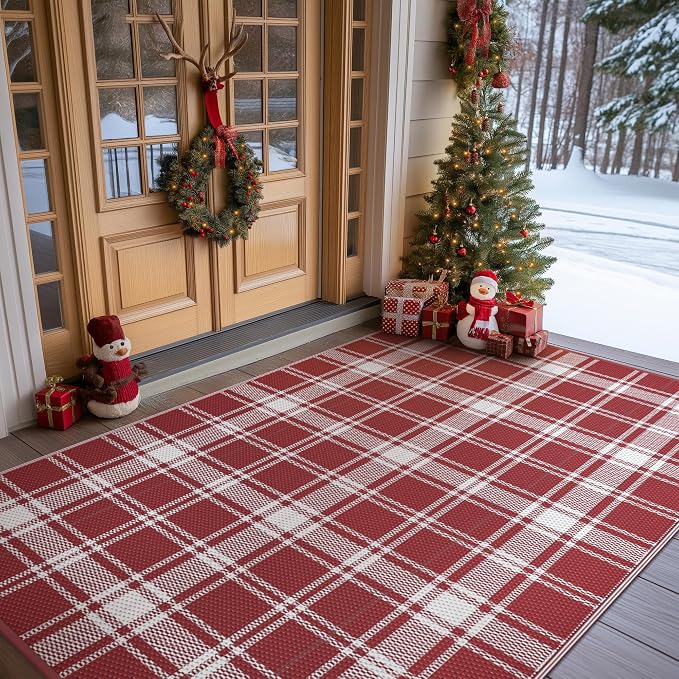 GENIMO Waterproof Outdoor Rug for Patio Clearance, 9'x12' Reversible Plastic Straw Rugs, Lightweight RV Camping Mat for Camper, Balcony, Deck, Backyard, Picnic, Red White Plaid