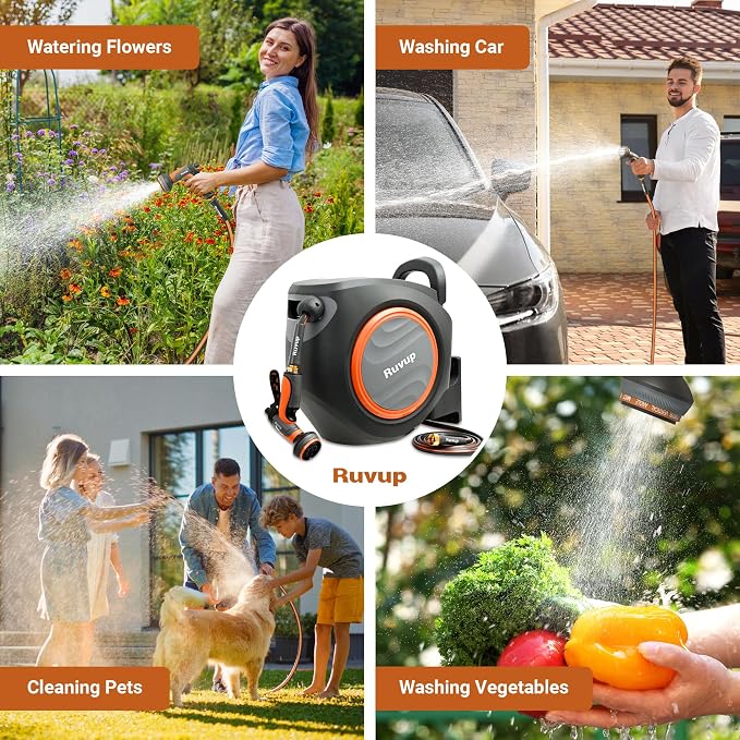 Ruvup Retractable Garden Hose Reel, 1/2” x 110ft+6.5ft Automatic Water Hoses Reels for Outside with 10 Pattern Nozzle, UV Resistant Wall Mount Slow Retraction Any Length Lock 180° Swivel Bracket