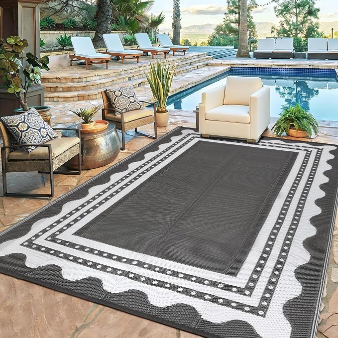 IDEALHOUSE Waterproof Outdoor Rug 9x12 for Patio, Reversible Modern Area Rug, Large Plastic Straw Mat for Camping, RV, Porch, Backyard, Deck, Picnic, Beach, Grey & White