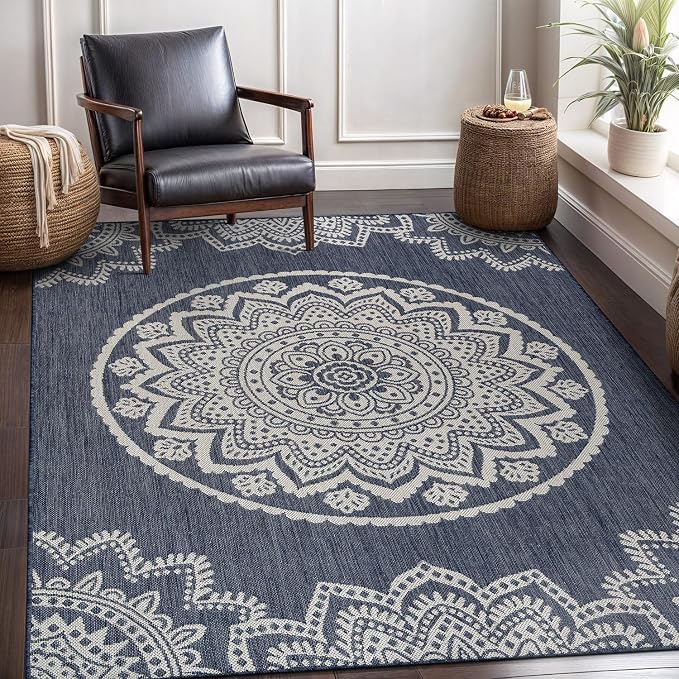 CAMILSON Outdoor Rug 6x9 Modern Area Rugs for Indoor and Outdoor Patios and Porches - Waterproof, Washable, Non-Shedding, Easy-to-Clean Outside Carpet (6 x 9, Medallion - Blue/White)