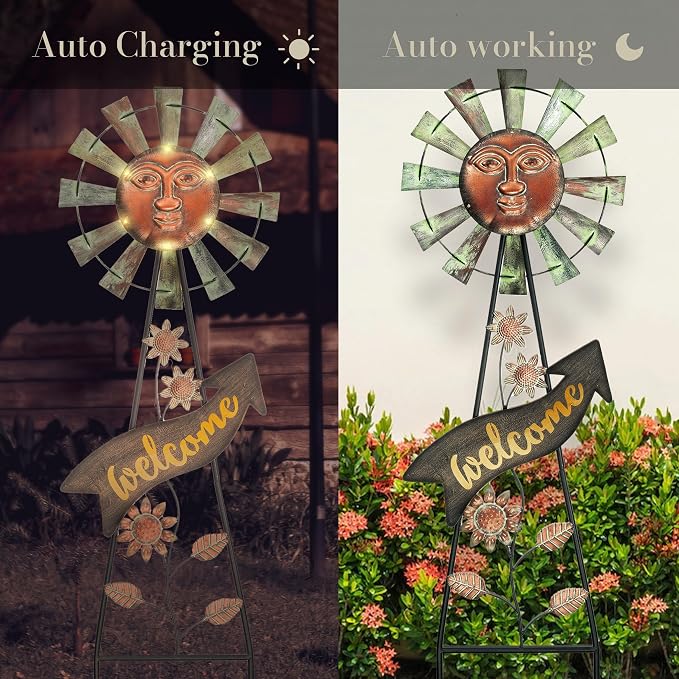 TERESA'S Collections Garden Decor with Solar Outdoor Lights, Wind Spinner Yard Art Sign for Outside, 37'' Bronze Metal Sun Face Windmill Decorative Garden Stake for Lawn Ornaments, Gifts for Mom