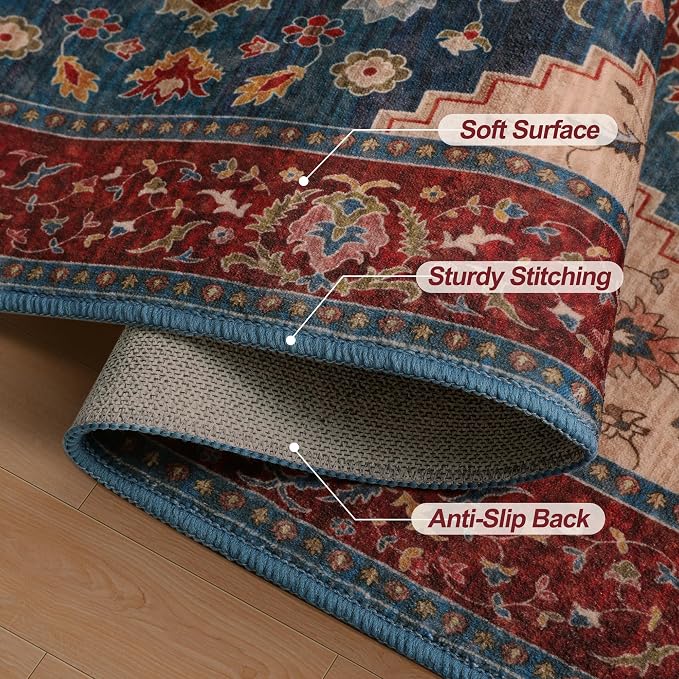 Tangsoo 2.6x8 Washable Hallway Runner Rugs, Non Slip Vintage Runner Rug Red | Oriental Soft Low Pile Long Runner, Boho Carpet Runner Rugs for Hallway Kitchen Bedroom Entryway Bathroom Red Blue Home Decor