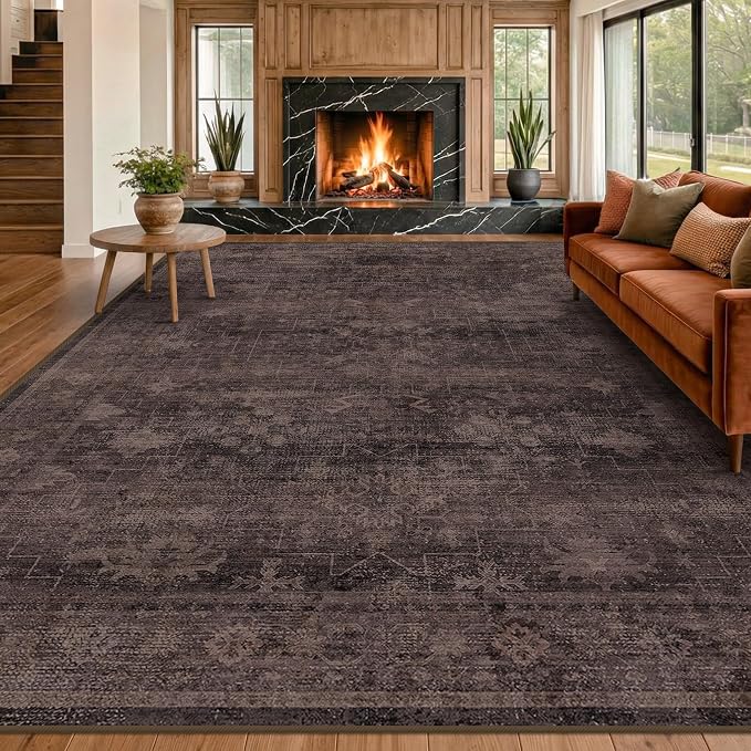 Farmhouse Washable 8x10 Area Rugs for Living Room, Dark Brown with Plum, Rust, and Charcoal Accents Vintage Geometric Rug for Bedroom, Dining Room, Modern Boho Distressed Ultra Soft Low Pile Carpet