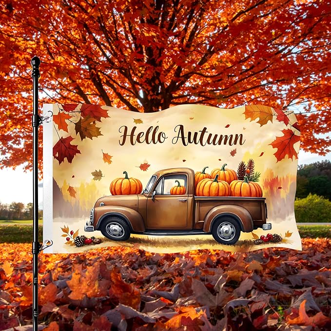 Fall Flag 3x5Ft Outdoor Double Sided Happy Fall Banner for Outside Hello Autumn Holiday Yard Flag Thanksgiving Truck Harvest Pumpkin Berries with 2 Grommets for Farmhouse Indoor Outdoor Decor