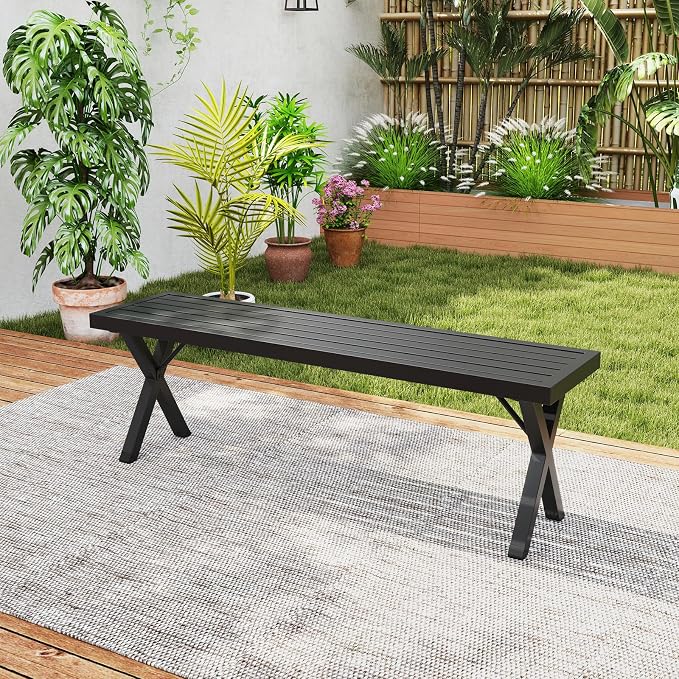 Giantex 2 Pack Outdoor Bench, 54" Metal Garden Bench with Slatted Seat, X-Shaped Legs, Heavy-Duty Patio Backless Loveseat, Load 800 LBS, 2-Person Park Bench for Lawn, Yard, Porch, Black