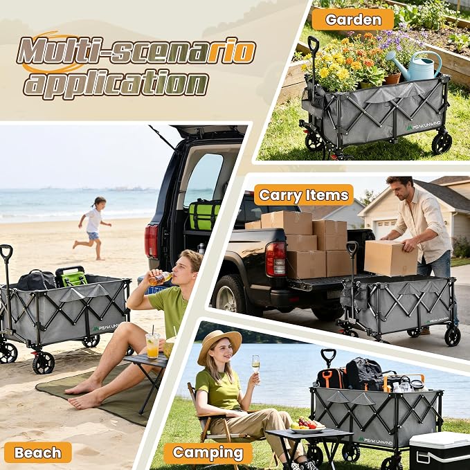 Wagons Carts Foldable,Collapsible Wagon with Wheels,450LBS Heavy Duty Beach Wagon Cart,Lightweight Portable Folding Utility Wagon Cart with Cup Holders for Camping, Garden, Sports, Grocery pcs (Gray)