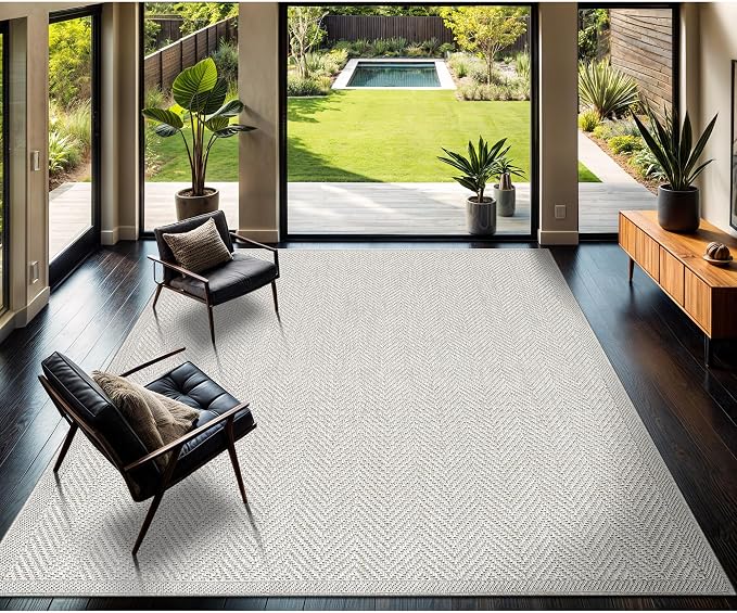 CAMILSON Easy Jute Rug 8x10, Indoor Outdoor Off-White Color Fiber Area Rugs for Living Room and Patio Rug Herringbone Seagrass Boho Woven Design Easy-Cleaning Washable Outside Carpet Alfombras 8 x 10