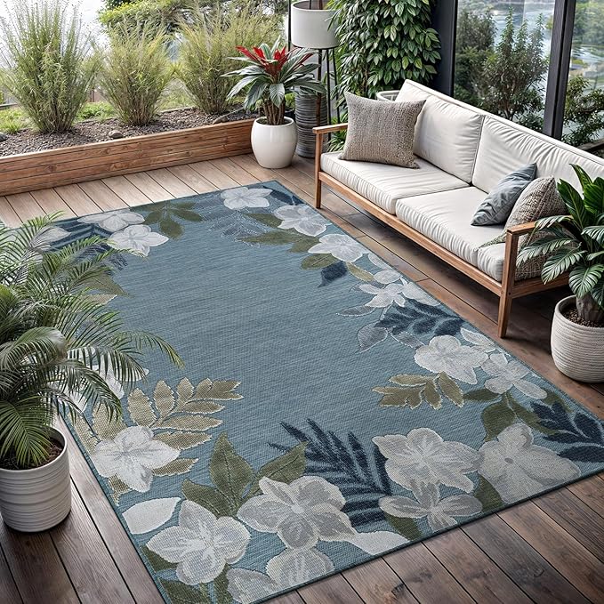 Outdoor Rug 10x14 Washable Area Rugs Indoor Outdoor Carpets Aqua Border Floral Non Shedding Waterproof Easy Clean Patio Deck Porch Living Room Bedroom Garden RV (10 X 14 Aqua)