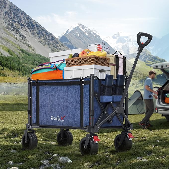 Collapsible Wagon Cart Foldable with Big Wheels Brakes, 250lbs Folding Utility Lightweight Garden Wagon, Portable Grocery Cart for Camping Shopping Sports Pets, Blue