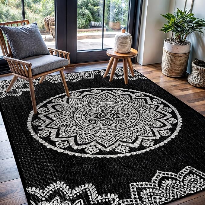 CAMILSON Outdoor Rug 8x10 Modern Area Rugs for Indoor and Outdoor Patios and Porches - Waterproof Washable Non-Shedding Easy-to-Clean Outside Carpet (8 x 10 Medallion - Black/White)