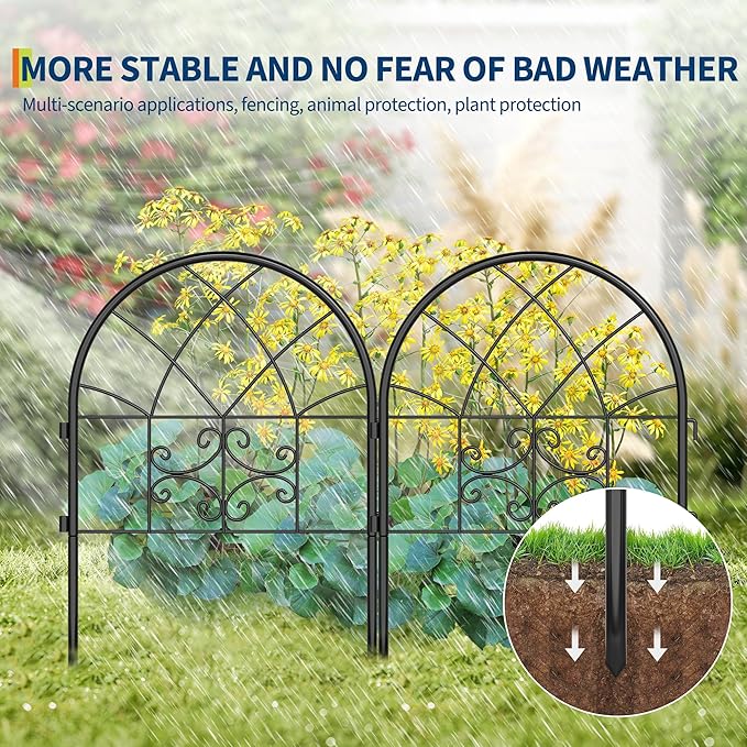 Garvee Decorative Garden Fence Panels 8-Pack, 20"x26" Black Metal Arched Border for Flower Bed Edging, Rustproof No-Dig Animal Barrier for Dogs, Rabbits, Patio & Yard Outdoor Decor
