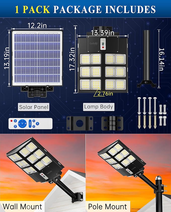 Gefolly SL-2000W Solar Street Lights Outdoor, 200000LM Commercial Parking Lot Light, 6500K Dusk to Dawn IP67 Security Flood Lights Motion Sensor Led Lamp for Basketball Court, Road, Yard