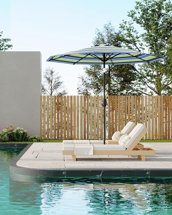 GarveeLife 9 ft Patio Umbrella, Outdoor Table Market Umbrella with Push Button Tilt and Crank, 8 Sturdy Ribs UV Protection Waterproof for Garden, Deck, Backyard, Pool (Yellow-blue-purple striped)