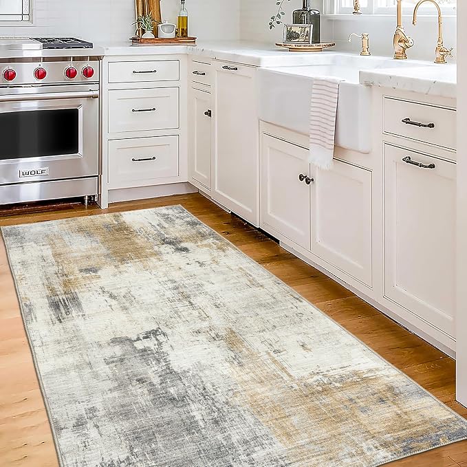 Machine Washable Area Rug Runner - Living Room Bedroom Bathroom Kitchen Entryway Office - Padded Low Pile Stain Resistant Premium - Modern Abstract Contemporary - Quinn - Beige 2'6" x 6'