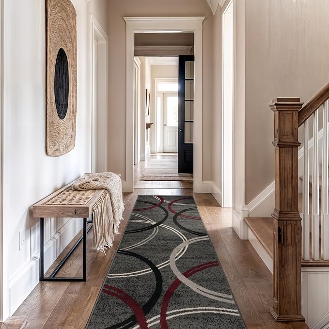 Rugshop Wavy Circles Modern Non-Shedding Runner Rug Red 2'7" x 8' | Rectangular, Size 2'7" x 8', Living Room, Bedroom, Dining Room, Home Office, Kitchen, Entryway, Hallway, Nursery, Kids Room