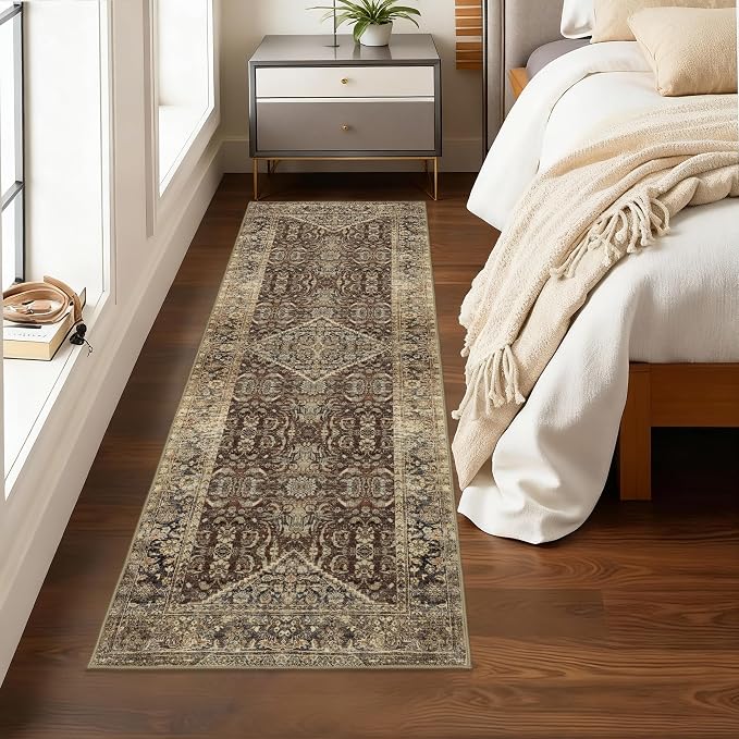 Vintage Brown Runner Rugs for Hallway: Washable Runner Rug 2x6 for Entryway Kitchen Bathroom Bedroom Indoor - Home Decor Mat Carpet - Oriental Dark Brown