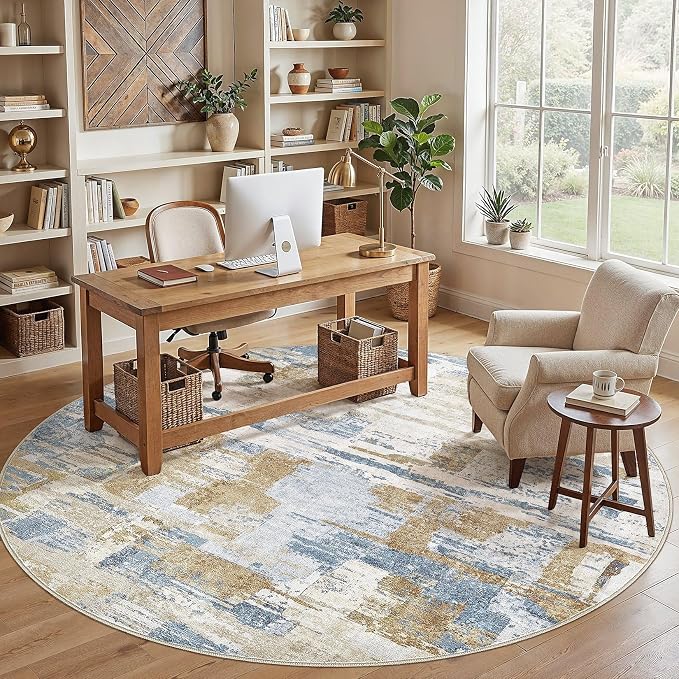 kakania Abstract 10x10 Round Rugs for Living Room: Circle Rugs 10FT Blue | Washable, Soft, Non-Slip, Low-Pile, Pet & Kid Friendly - Large Modern Home Decor Carpet for Bedroom/Dining Room/Nursery