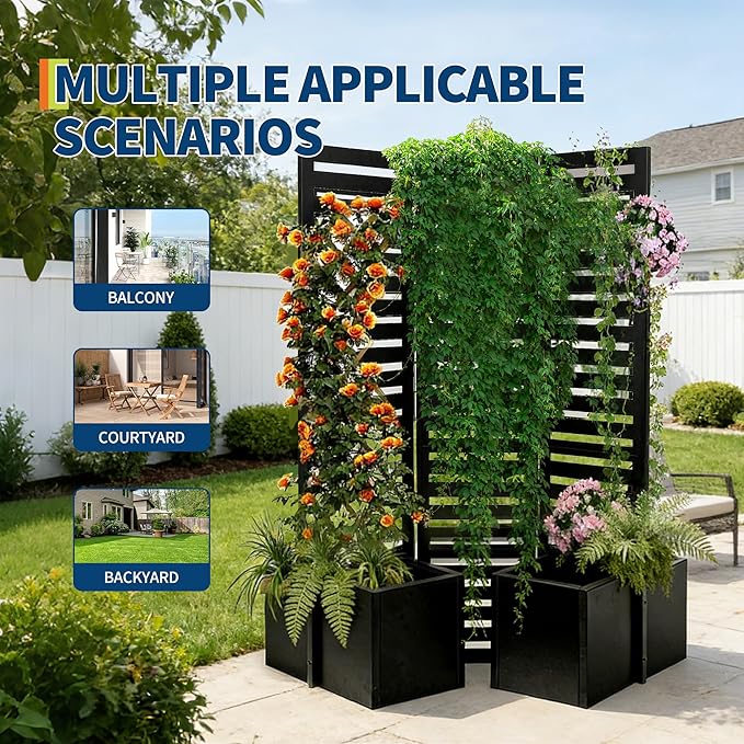 Garvee Privacy Screen with Planter Box - 3-Panel Freestanding Outdoor Room Divider, 51x70x31 Inch Metal Garden Fence with 4 Self-Draining Raised Garden Beds for Patio Deck Yard, Black