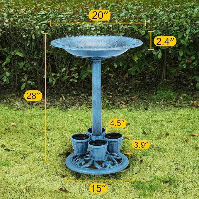 Bird Bath for Outside with 4 Removable Flower Planters 28in Polyresin Lightweight Vintage Birdbath for Outdoors Stake Standing Bowl and Water Feeder Yard Garden Decor Blue