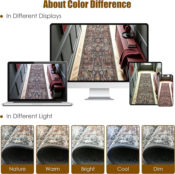 Washable Area Rugs - Perfect for Living Room, Bedroom, Kids Room, Nursery - Stain & Water Resistant Non-Slip, Pet & Child Friendly, Vintage Tribal Area Rugs (Rust, 2'6'' x 8')