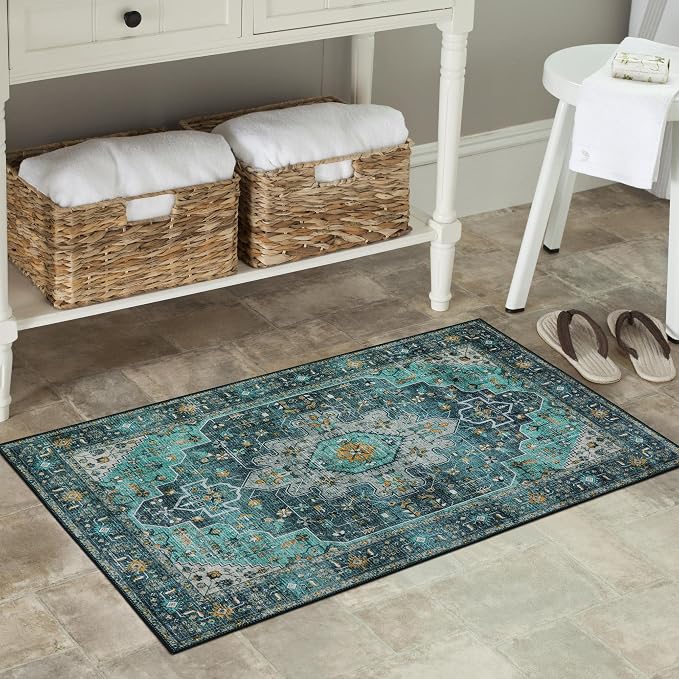 Moynesa Ultra-Thin Washable Area Rug - 2x3 Teal Small Entryway Rug Front Indoor Doormat, Boho Non-Slip Stain Resistance Low Pile Accent Carpet for Kitchen Bathroom Home Laundry Room Hall Decor