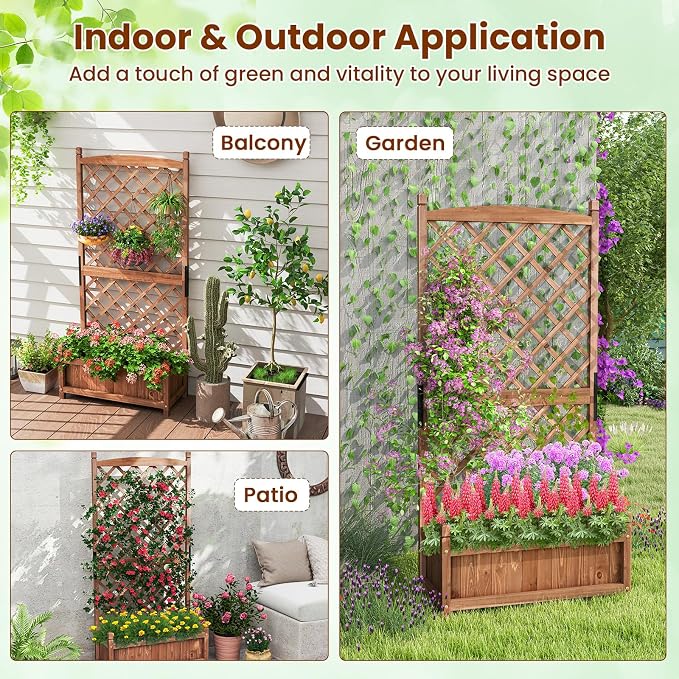 Giantex Raised Garden Bed with Trellis, 60” Wooden Planter Container with Drainage Holes, High Trellis for Plant Flower Climbing Pot Hanging, Indoor & Outdoor Planter Box for Yard Garden Balcony