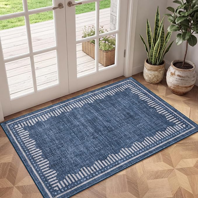 Garvee Small Area Rugs 2x3 Blue Washable Entryway Scalloped Throw Carpet | Non Slip Solid Color Low Pile Living Room Bedroom Rugs Pet Friendly Modern Geometric Kitchen Front Door Nursery Doot Mat