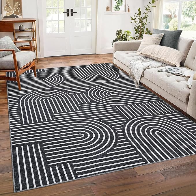 ROYHOME Modern Washable Rug 9x12 Area Rugs for Living Room Non Slip, Black | Abstract Rug for Bedroom, Rainbow Throw Rugs with Rubber Back, Low Pile Stain Resistant Boho Geometric Carpet for Dining Room