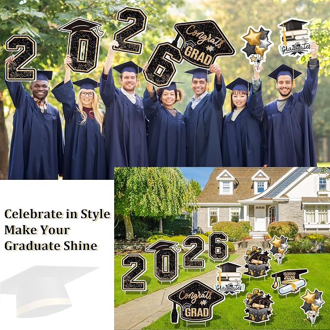 Large 11 PCS Graduation Yard Signs, Class of 2026 Congrats Grad Outdoor Lawn Yard Sign with Stakes, Graduate Yard Decorations for College High School Party, Black and Gold