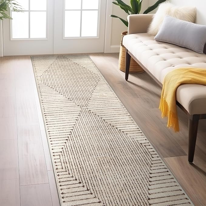 Rugshop Abstract Line Pattern Neutral Decor Runner Rug Beige 2' 3" x 8' | Size 2' 3" x 8', Living Room, Bedroom, Dining Room, Home Office, Kitchen, Entryway, Hallway, Nursery, Kids Room, Guest Room