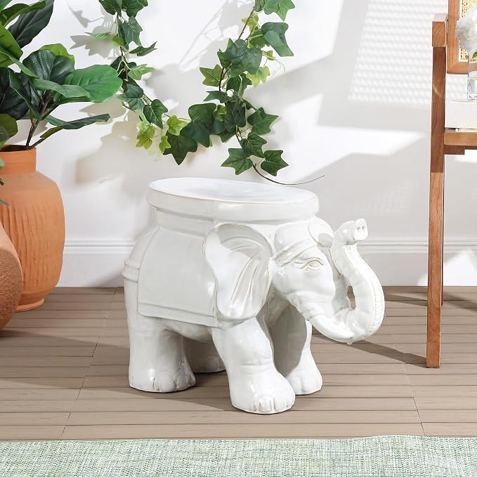 JONATHAN Y White Elephant 14.25" Glazed Ceramic Elephant Garden Stool, Weather-Resistant Indoor/Outdoor Patio Side Table and Plant Stand, Bohemian, Antique White TBL1007A