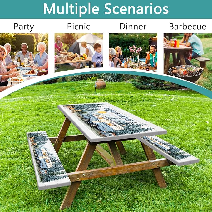 Picnic Table Cover with Bench Covers Elastic Edges, Outdoor Patio Camping Essentials 96 Inch 3PCS, Camper Fitted Table Cover, Waterproof Rectangle Tablecloth with Drawstring Bag,RV