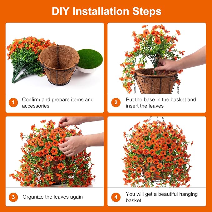 Ammyoo Artificial Hanging Flower with Basket for Fall Decor, Fake Mums Plants Uv Resistant Faux Silk Daisy Flowers No Fade for Outside Garden Porch Patio Autumn Decoration(Orange)