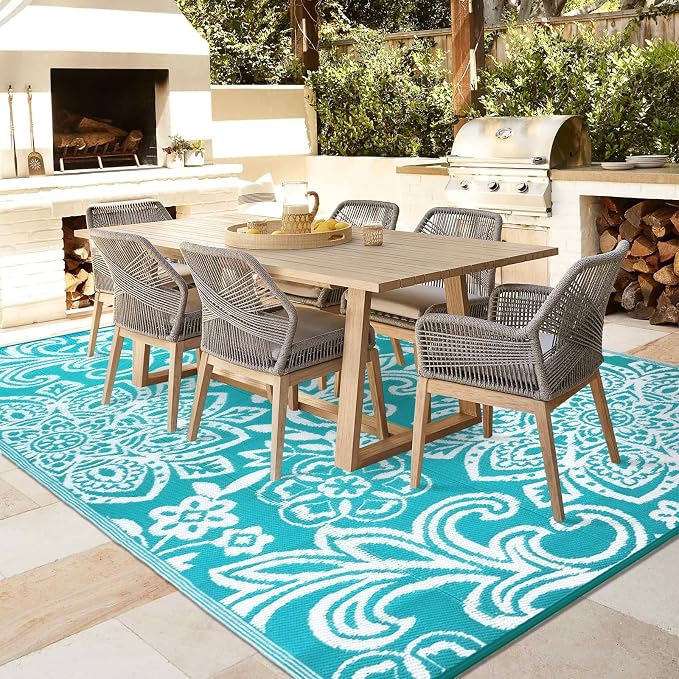 Findosom Waterproof Outdoor Rug 5' x 8' - Reversible Mandala Outdoor Plastic Straw Rug, Durable Foldable Patio Rug for RV, Deck, Balcony, Backyard, Picnic, Porch, Camping, Beach, Blue