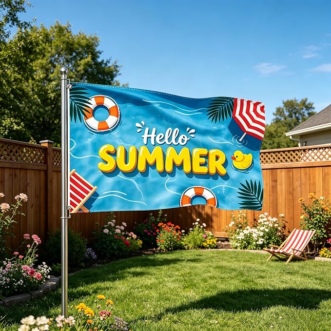 Hello Summer Flag 3x5 Ft Double Sided, Season Yard Banner with 2 Brass Grommets, Funny Pool Print, Durable Outdoor Decor for Patio Yard Lawn, Pool Party Supplies