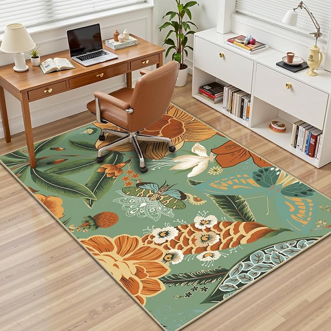 Tyrot Sage Green Boho Floral 3x5 Washable Area Rug Flat Woven Ultra-Thin Low Pile Rug Non Slip Indoor Botanical Butterfly Rug for Living Room, Bedroom, Entryway, Nursery, Dorm
