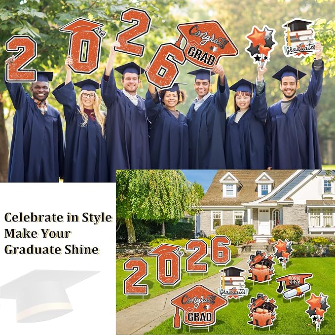 Large 11 PCS Graduation Yard Signs, Class of 2026 Congrats Grad Outdoor Lawn Yard Sign with Stakes, Graduate Yard Decorations for College High School Party, Orange