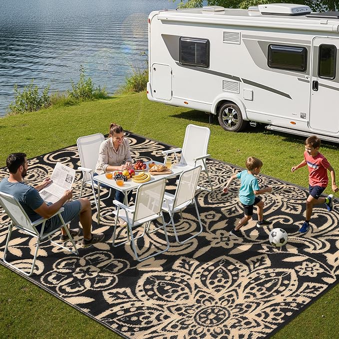 Findosom Waterproof Outdoor Rug 5' x 8' - Reversible Mandala Outdoor Plastic Straw Rug, Durable Foldable Patio Rug for RV, Deck, Balcony, Backyard, Picnic, Porch, Camping, Beach, Black