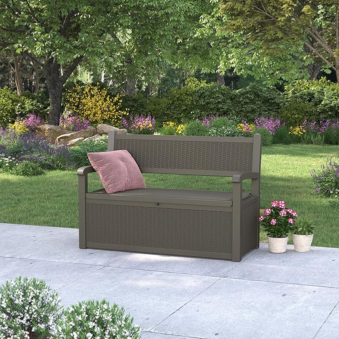 80 Gallon Outdoor Storage Bench, Resin Patio Storage Bench with Armrest, Lockable Deck Boxes Outdoor Waterproof and UV Resistant for Patio Cushions, Garden Tools and Pool Supplies, Grey