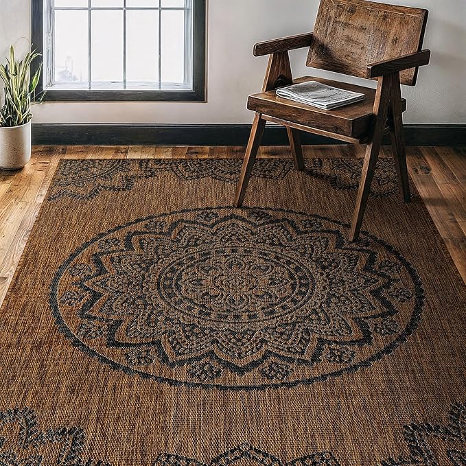 CAMILSON Outdoor Rug 5x7 Modern Area Rugs for Indoor and Outdoor Patios and Porches - Waterproof Washable Non-Shedding Easy-to-Clean Outside Carpet (5 x 7 Medallion - Gold/Black)