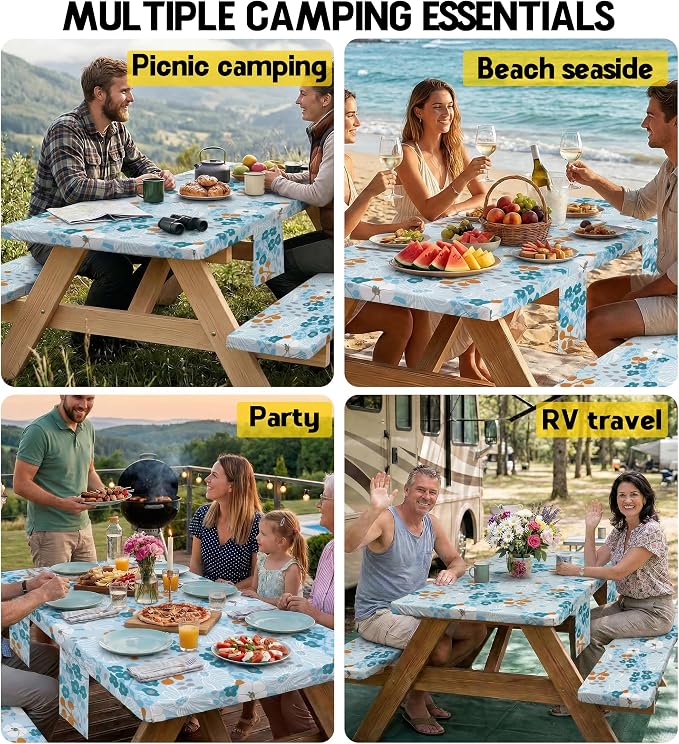 Picnic Table Cover with Bench Covers Tablecloth Glamping Essentials Travel Vacation Table Cloth Outdoor Cool Unique Fun Ideas Gifts for Camper Camping Lovers RV Owner Family Couple Women Female Mom